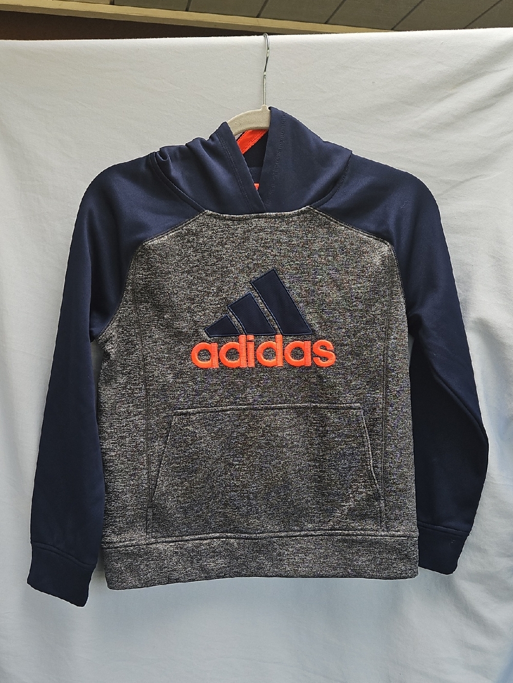 adidas Navy & Heather Gray Pullover Hoodie with Bright Orange Logo.